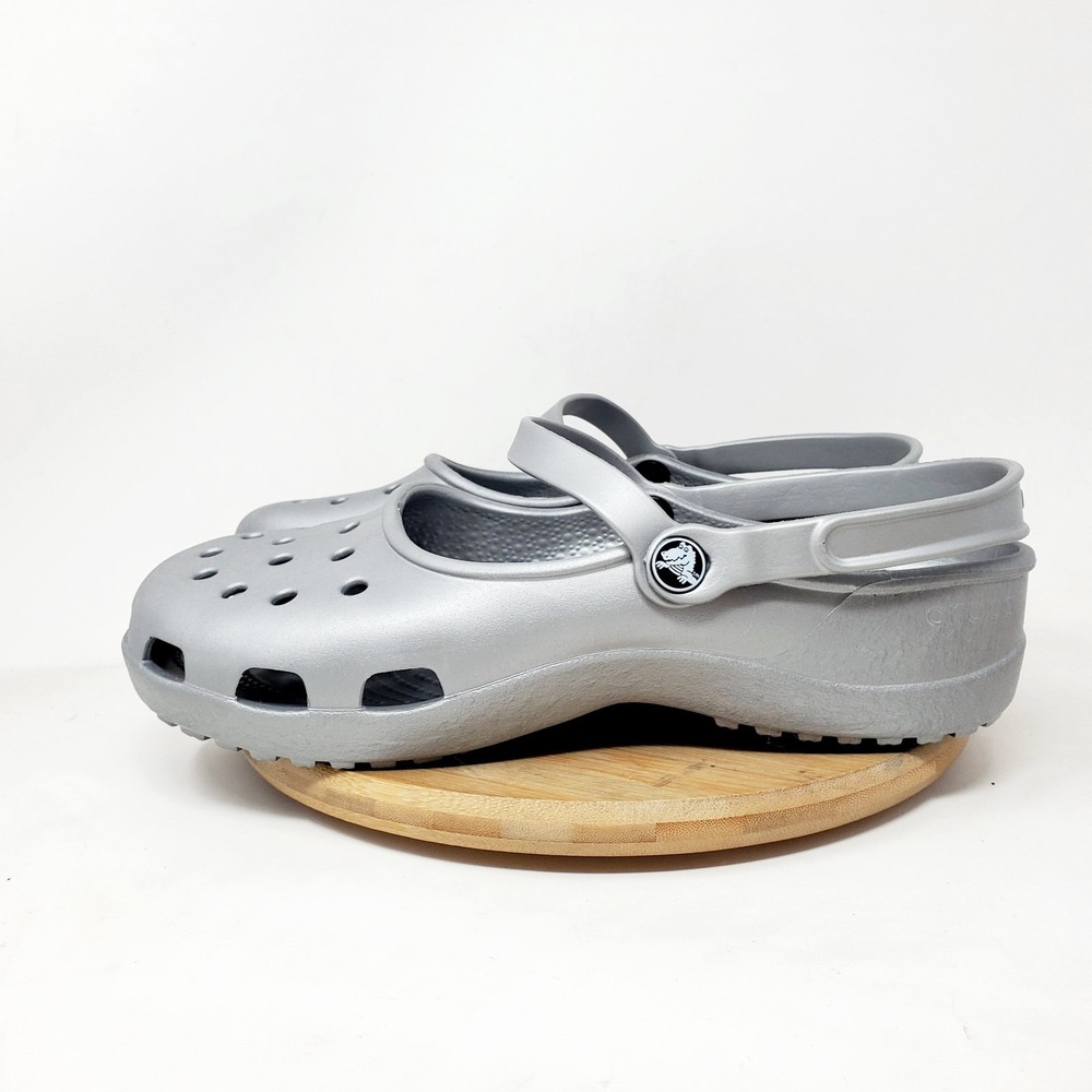 Crocs Shayna Mary Jane Sandals Womens 11 Silver Slip On Straps Shoes